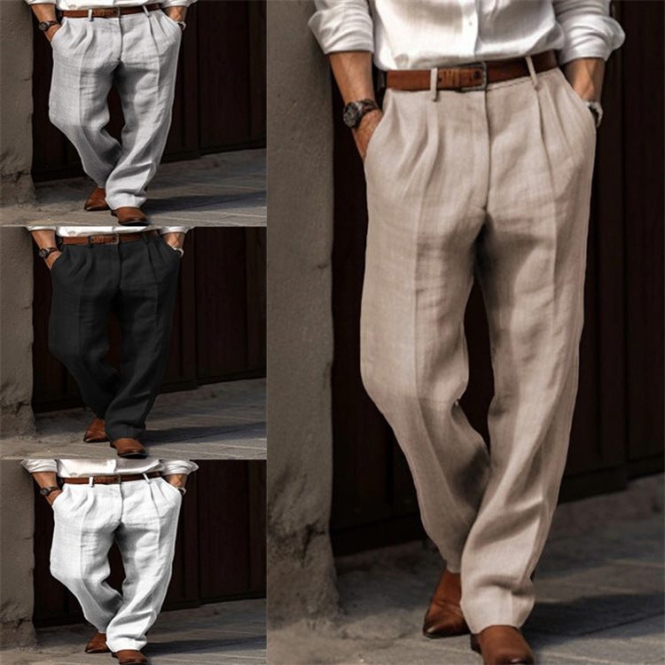 Pantalon Droit en Lin avec Poches pour Homme