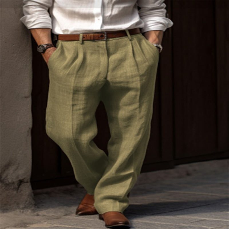 Pantalon Droit en Lin avec Poches pour Homme - Vert olive