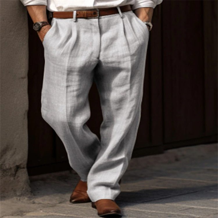 Pantalon Droit en Lin avec Poches pour Homme - Gris clair