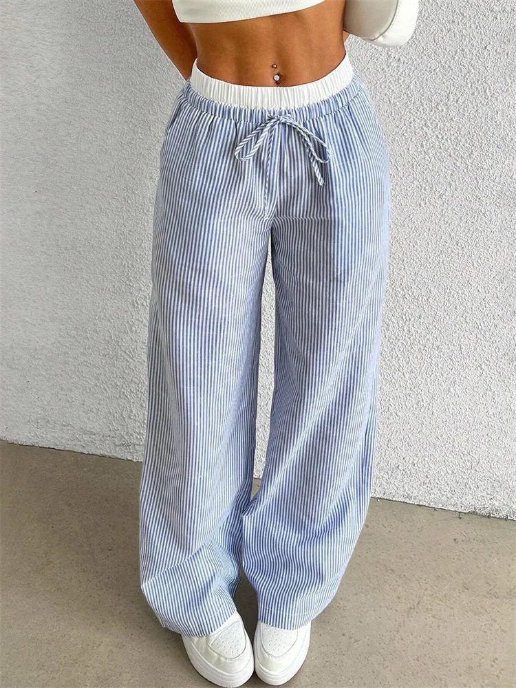 Pantalon Large Rayé avec Cordon de Serrage pour Femme