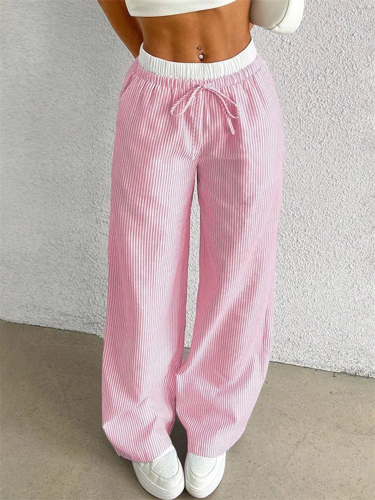 Pantalon Large Rayé avec Cordon de Serrage pour Femme - Rose