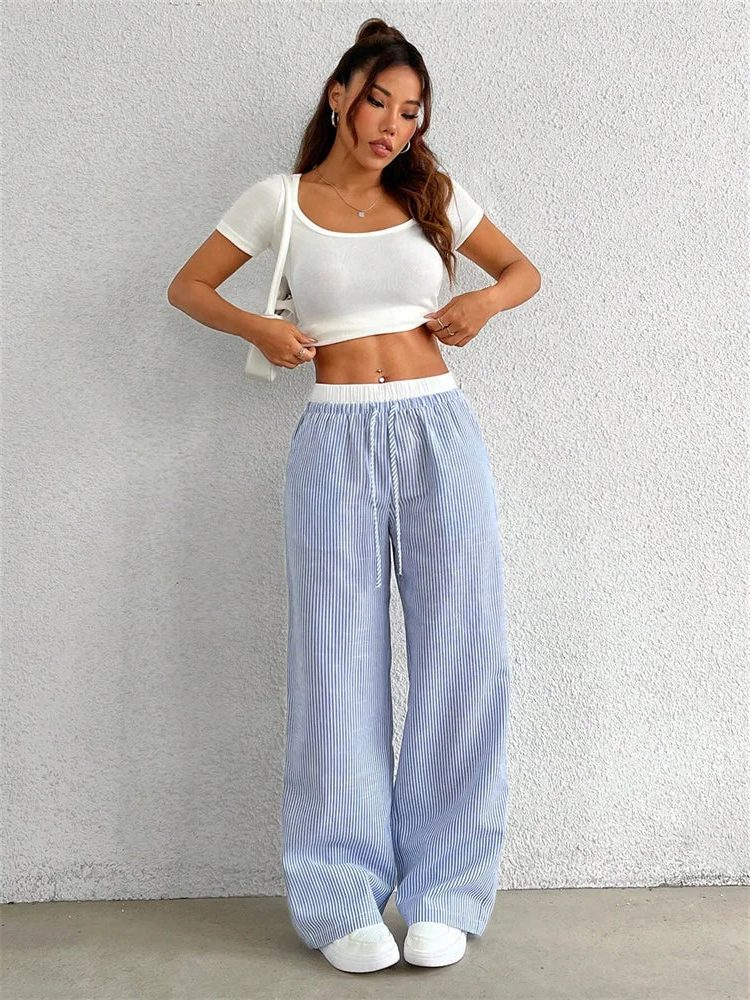 Pantalon Large Rayé avec Cordon de Serrage pour Femme