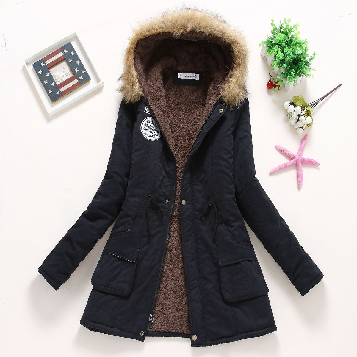 Parka à Col Fourrure Amovible avec Poches pour Femme - Noir