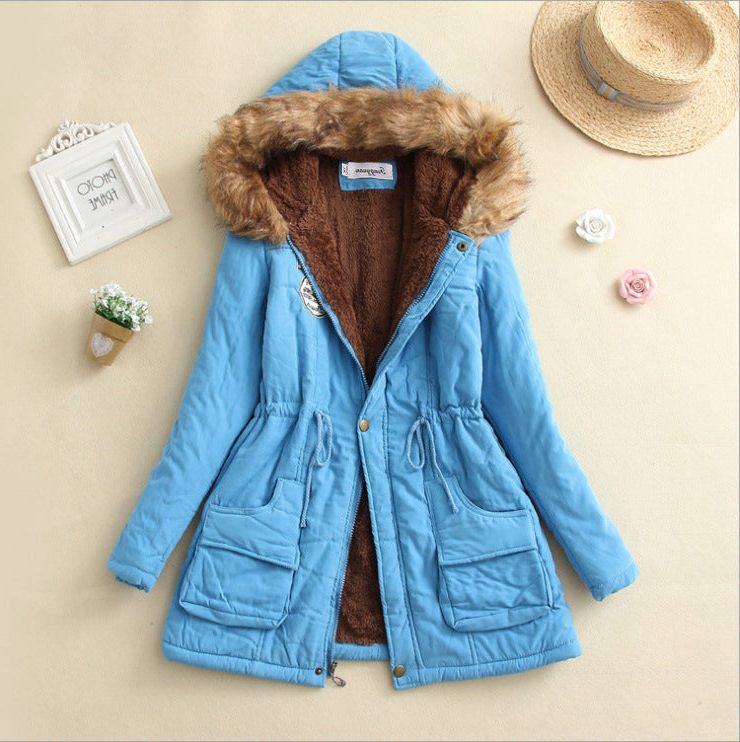 Parka à Col Fourrure Amovible avec Poches pour Femme - Bleu ciel