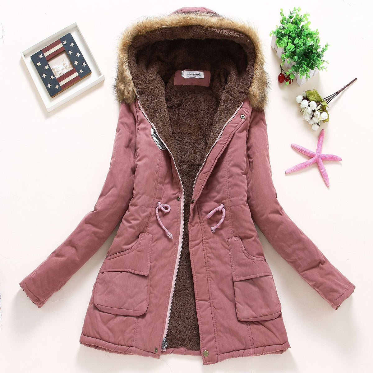 Parka à Col Fourrure Amovible avec Poches pour Femme - Rose foncé