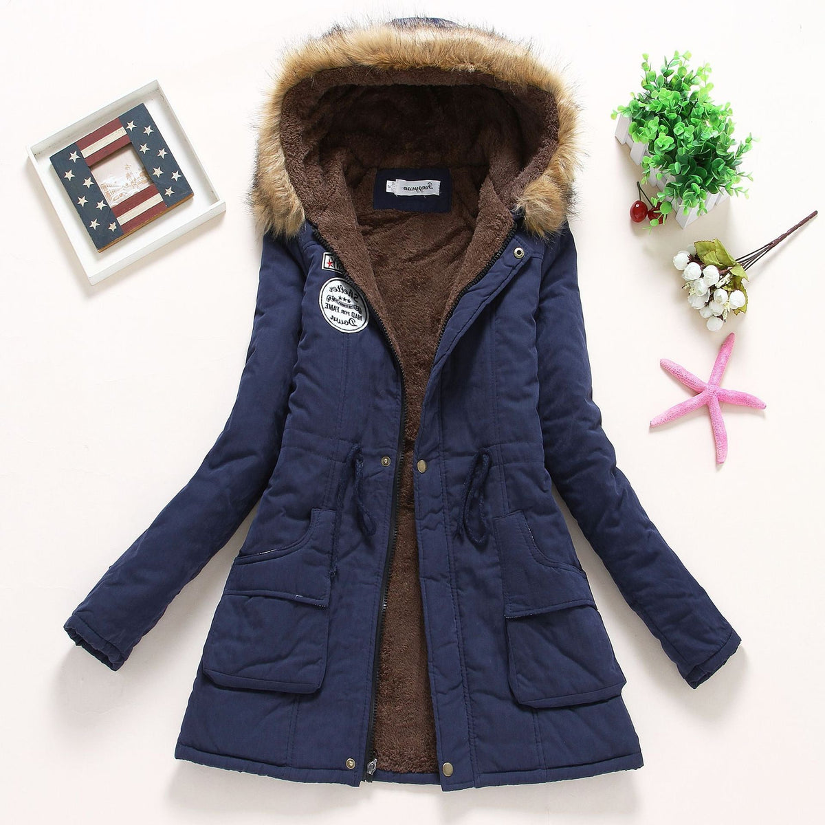 Parka à Col Fourrure Amovible avec Poches pour Femme - Bleu marine