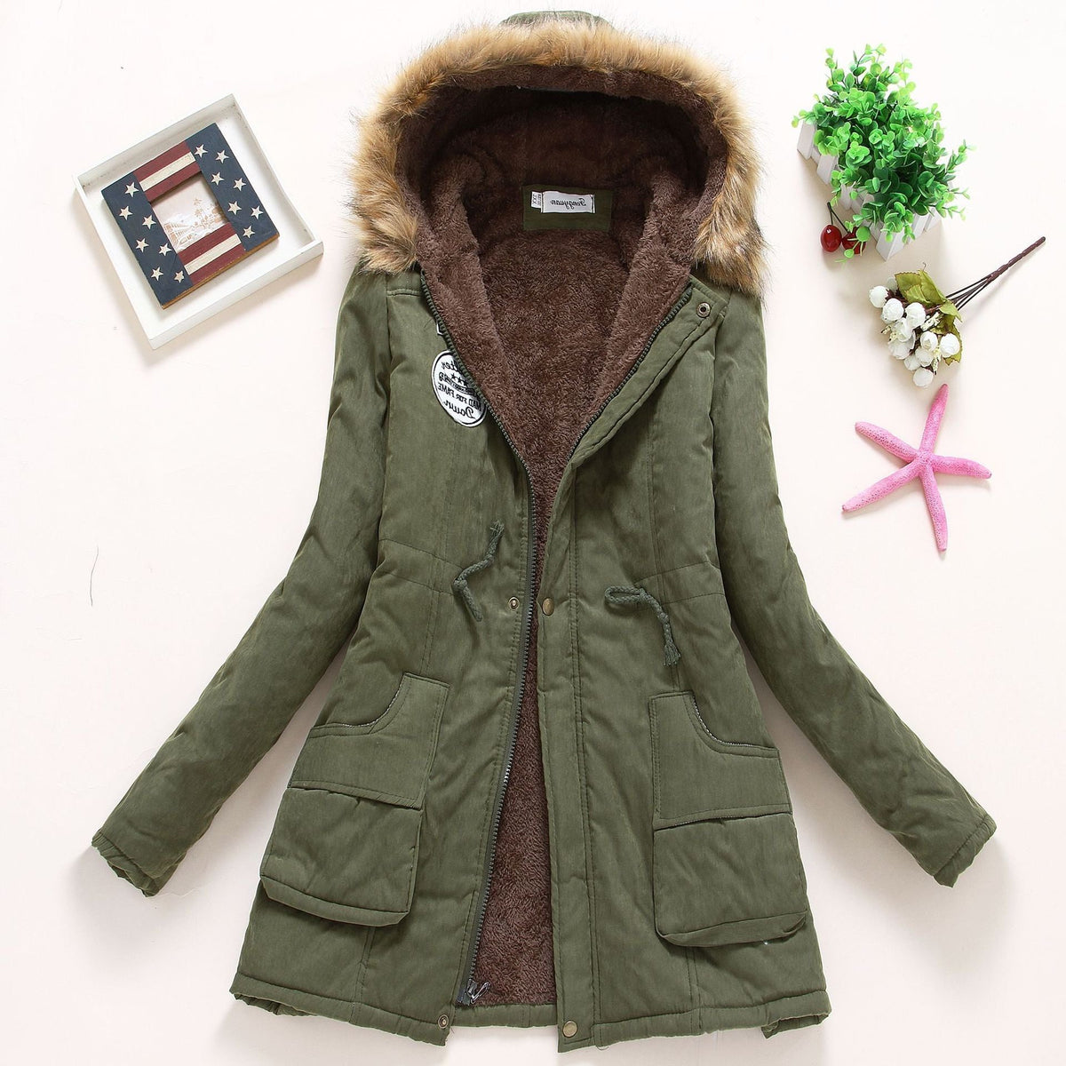 Parka à Col Fourrure Amovible avec Poches pour Femme - Vert olive