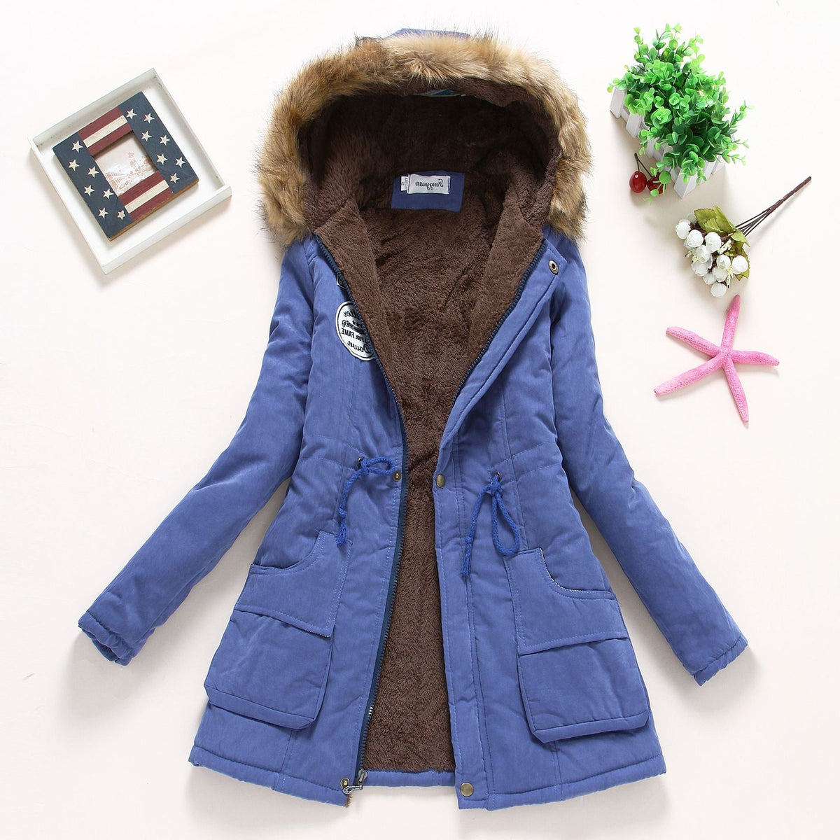 Parka à Col Fourrure Amovible avec Poches pour Femme - Bleu royal