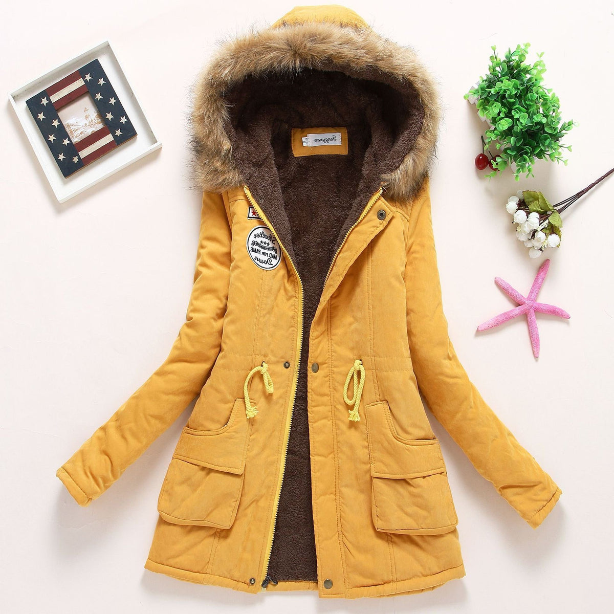 Parka à Col Fourrure Amovible avec Poches pour Femme - Jaune