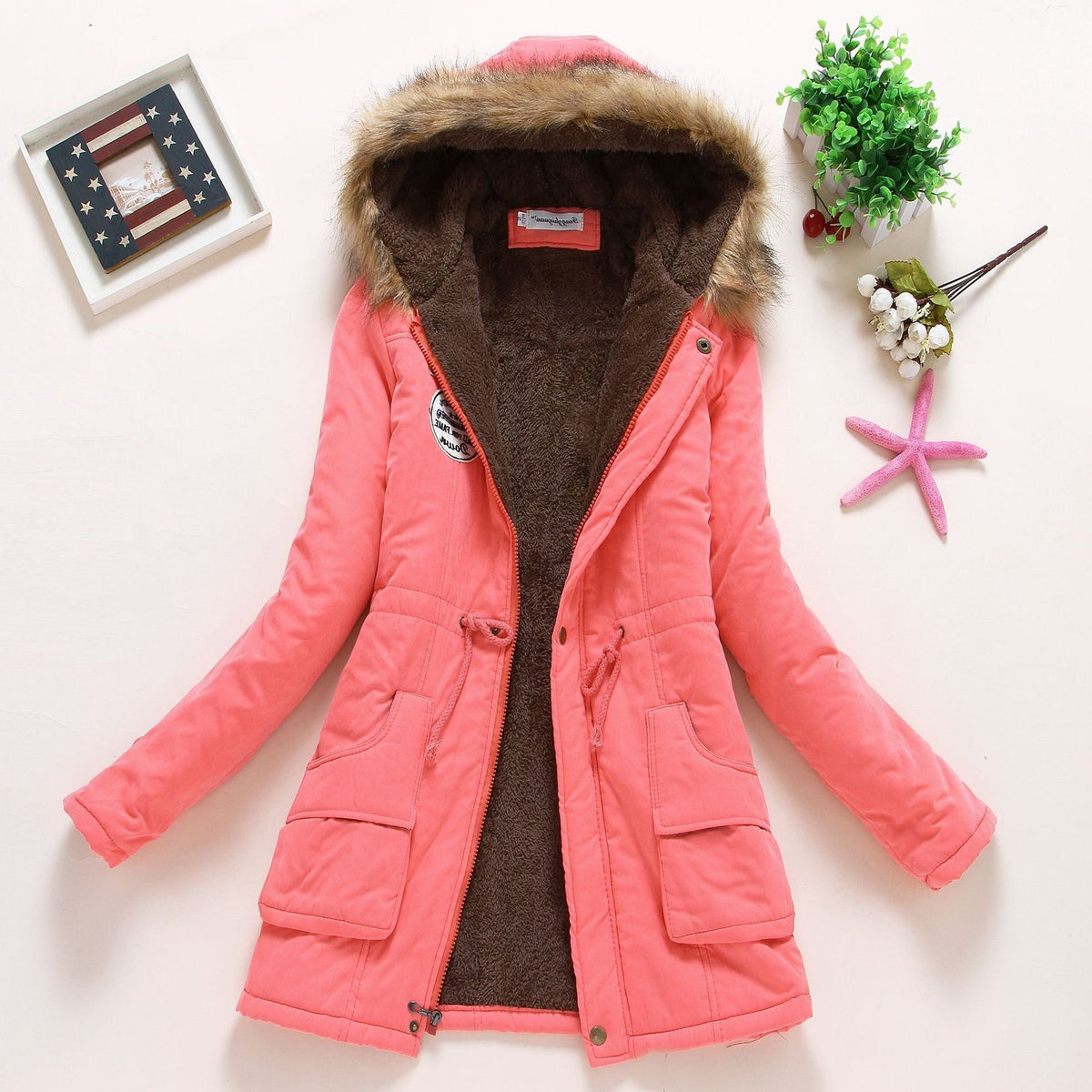 Parka à Col Fourrure Amovible avec Poches pour Femme - Pastèque