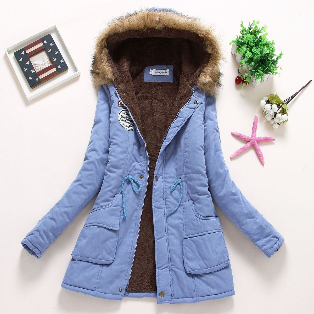 Parka à Col Fourrure Amovible avec Poches pour Femme - Bleu clair