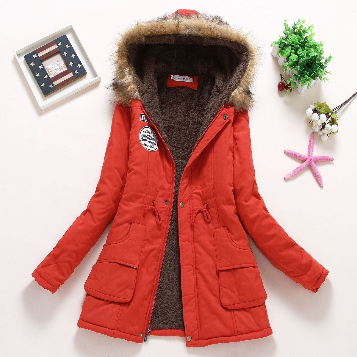 Parka à Col Fourrure Amovible avec Poches pour Femme - Rouge