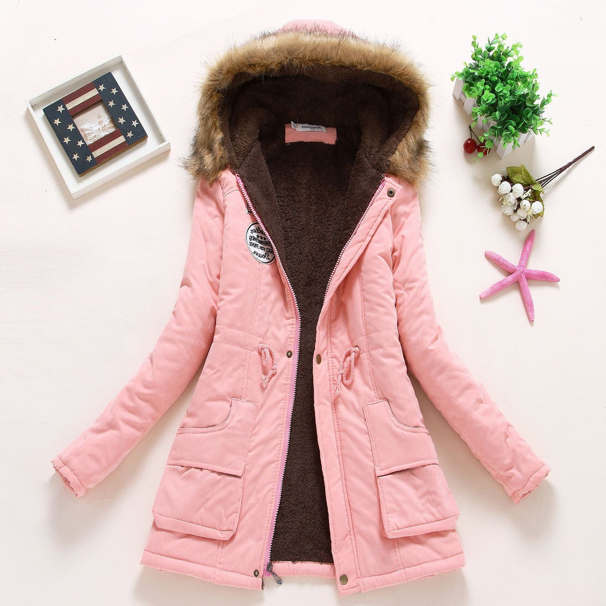 Parka à Col Fourrure Amovible avec Poches pour Femme - Rose