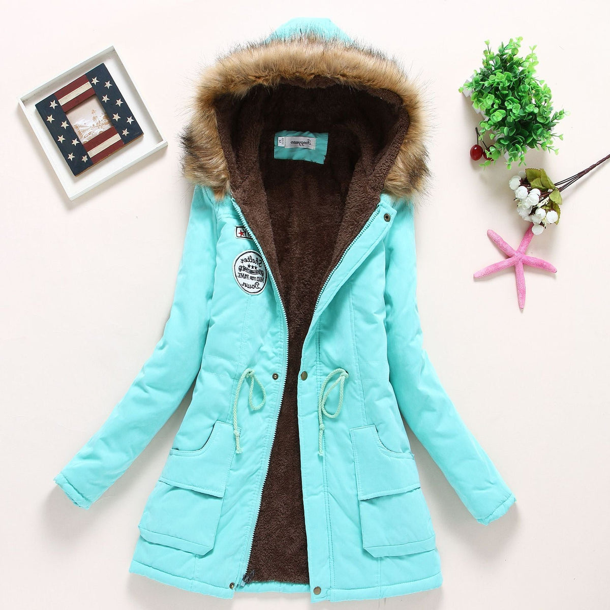 Parka à Col Fourrure Amovible avec Poches pour Femme - Vert pois