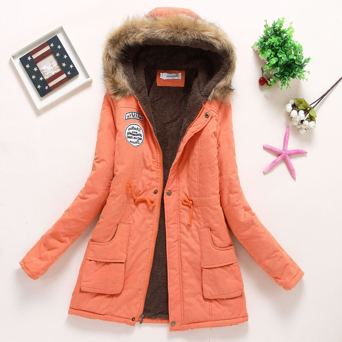 Parka à Col Fourrure Amovible avec Poches pour Femme - Orange