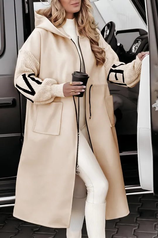 Parka Longue Capuche avec Manches Tricotées pour Femme - Kaki