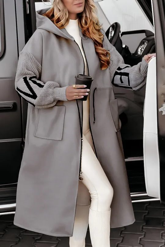 Parka Longue Capuche avec Manches Tricotées pour Femme - Gris