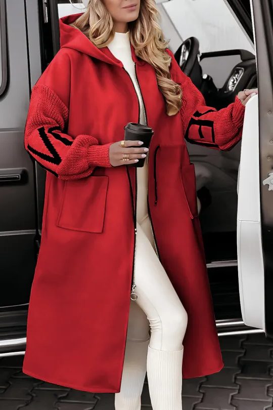 Parka Longue Capuche avec Manches Tricotées pour Femme - Rouge