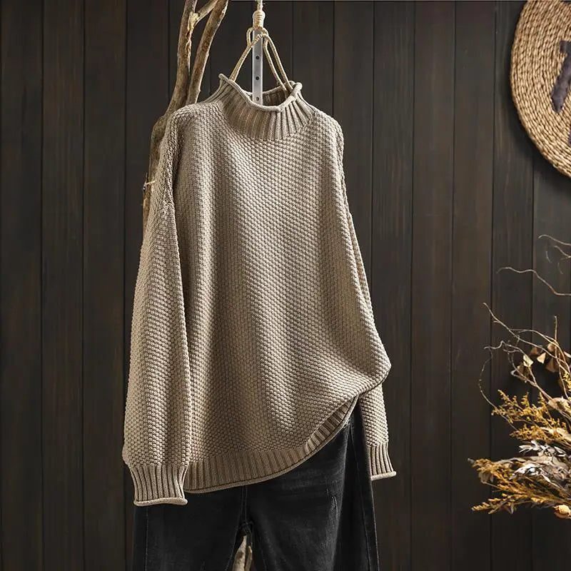 Pull à Col Montant Tricoté pour Femme - Kaki