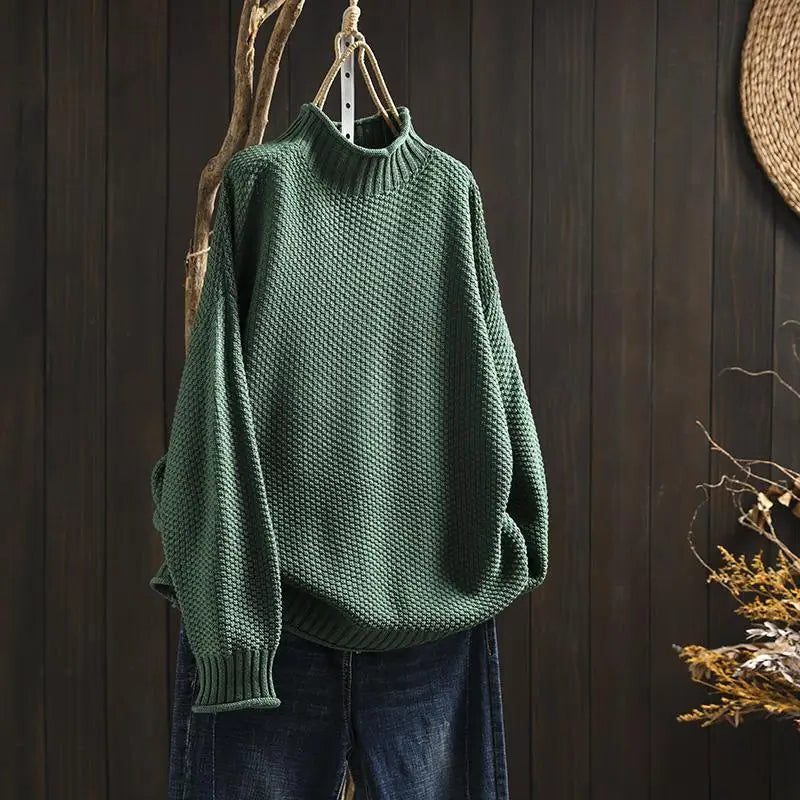 Pull à Col Montant Tricoté pour Femme - Vert
