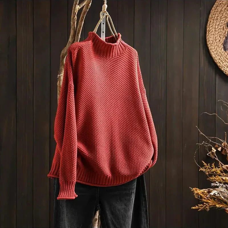 Pull à Col Montant Tricoté pour Femme - Rouge