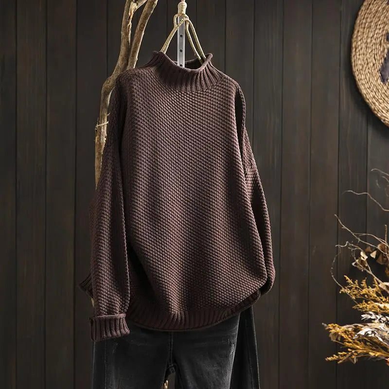 Pull à Col Montant Tricoté pour Femme - Marron