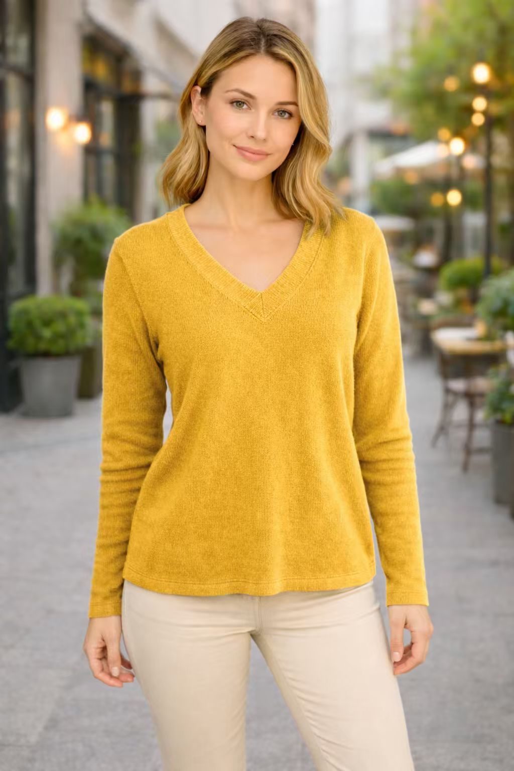 Pull Col V Manches Longues pour Femme - Jaune