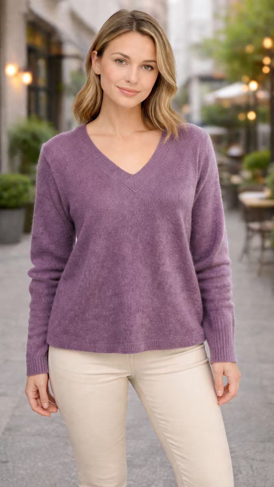 Pull Col V Manches Longues pour Femme - Lilas