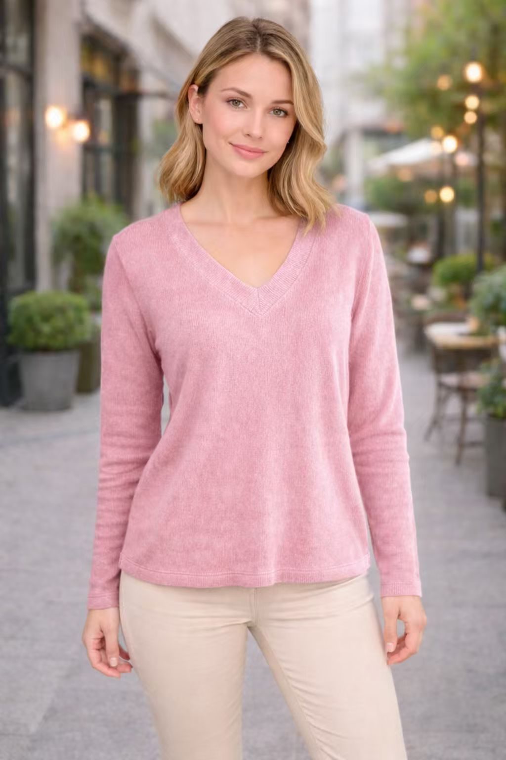 Pull Col V Manches Longues pour Femme - Rose