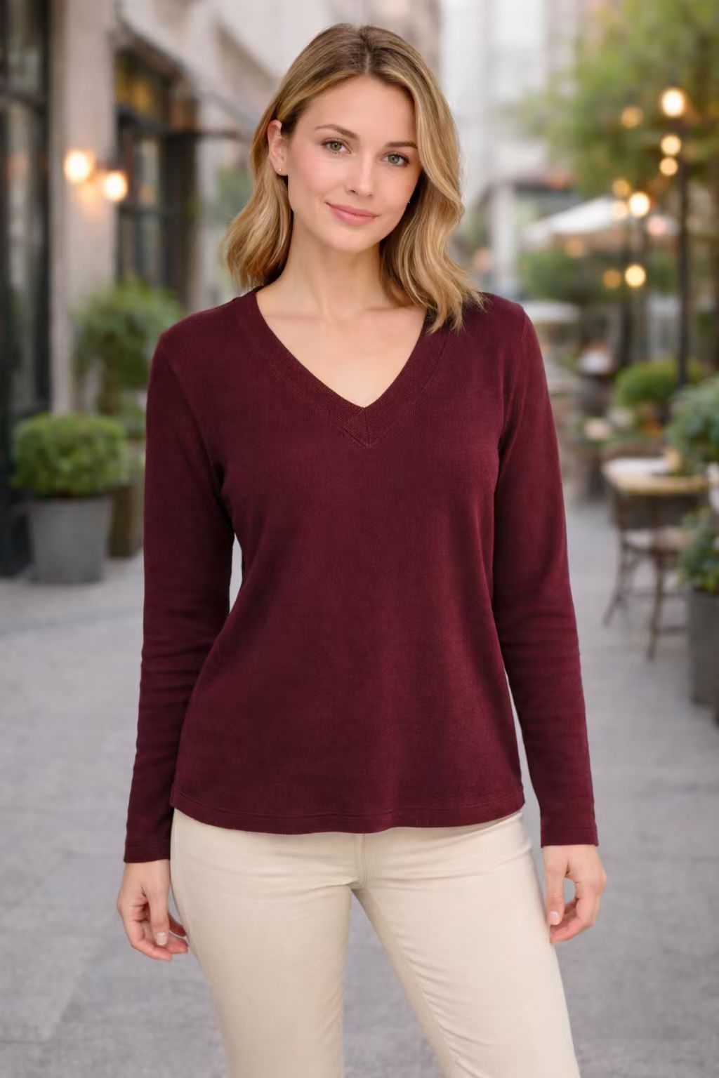 Pull Col V Manches Longues pour Femme - Bordeaux
