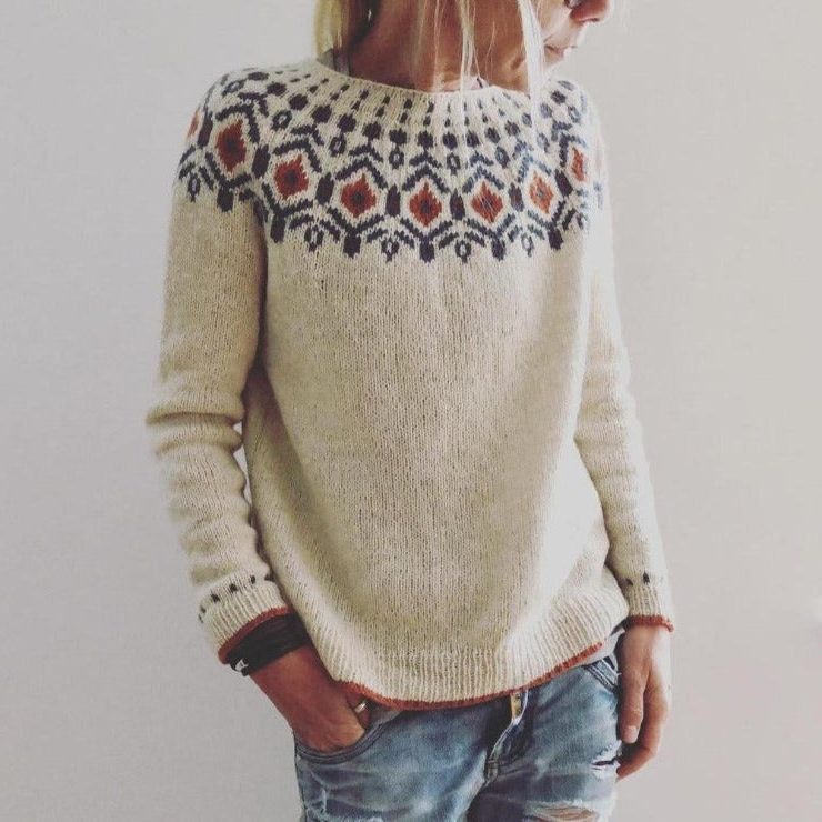 Pull à Jacquard Géométrique pour Femme - Khaki