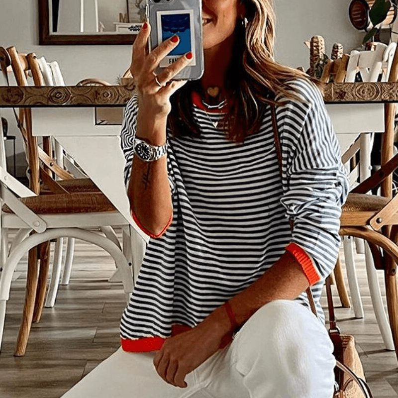 Pull à Rayures avec Détails Oranges pour Femme