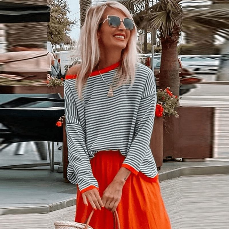 Pull à Rayures avec Détails Oranges pour Femme - View 2