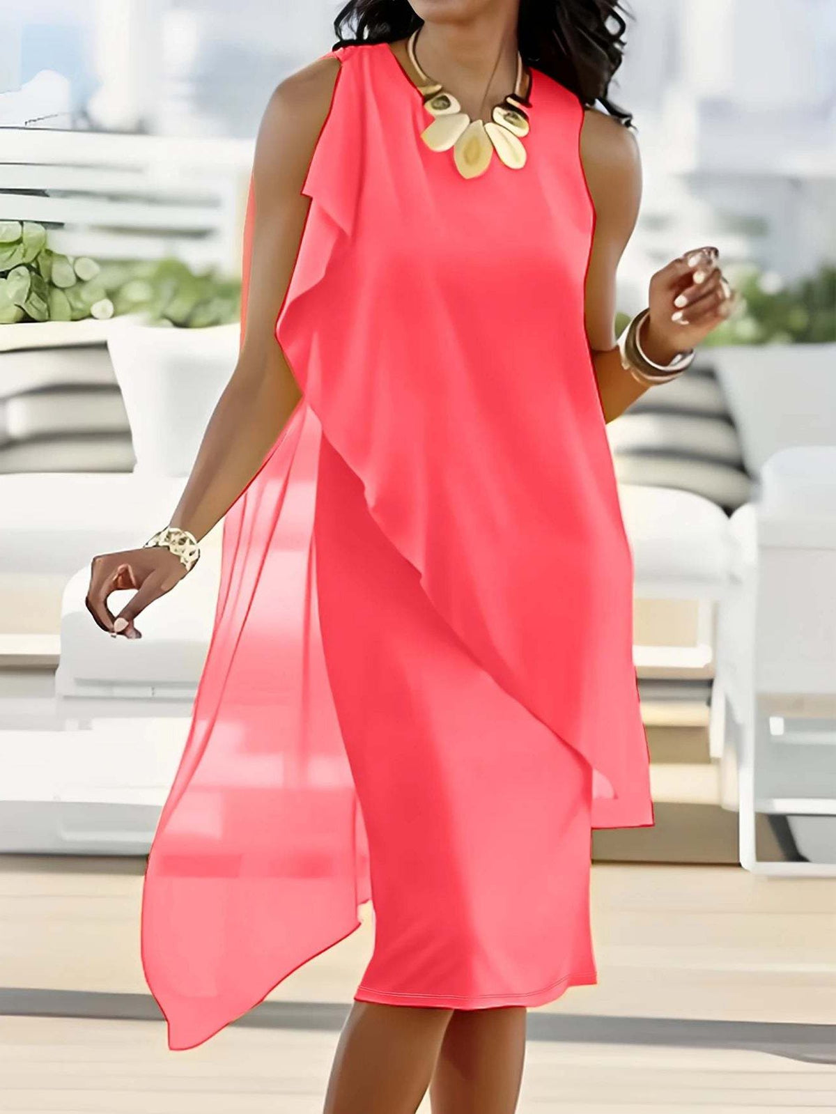 Robe Asymétrique en Mousseline avec Volants pour Femme - Rose