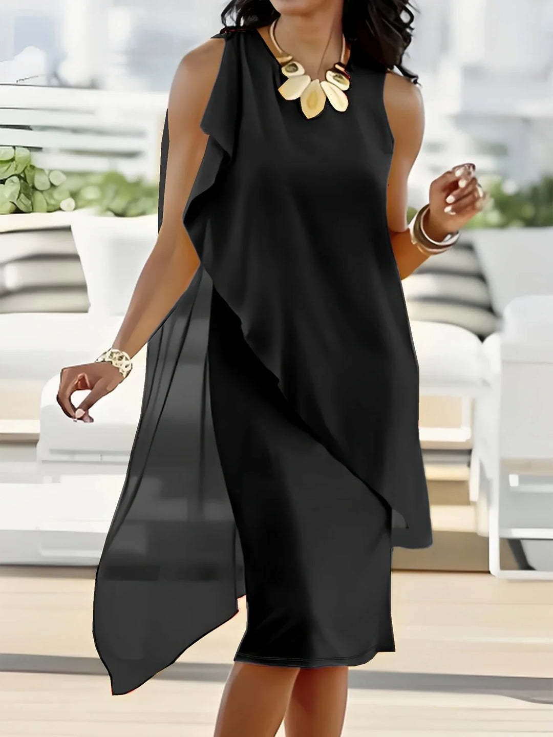 Robe Asymétrique en Mousseline avec Volants pour Femme - Noir