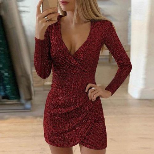 Robe Courte Cache-Cœur à Paillettes Manches Longues pour Femme - Rouge