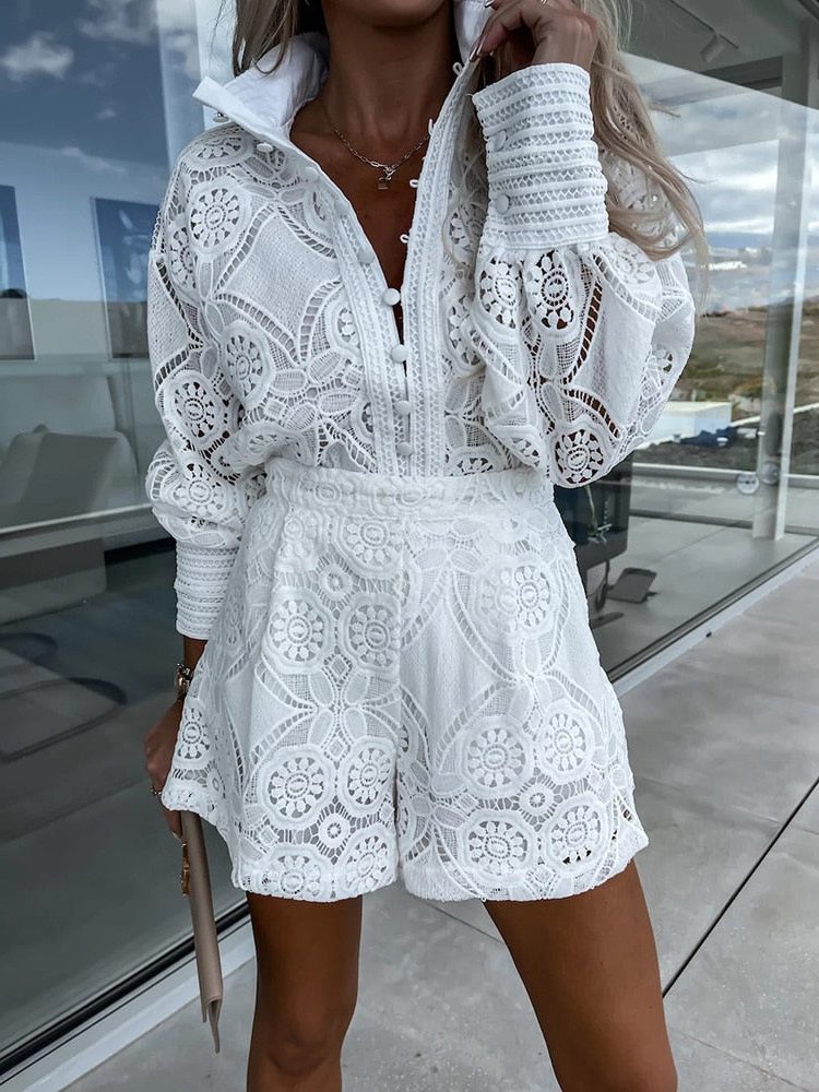 Robe Courte en Dentelle à Manches Longues pour Femme - Blanc