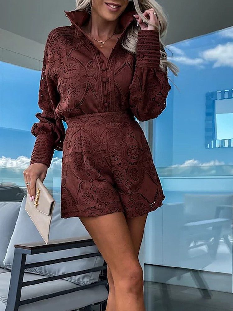 Robe Courte en Dentelle à Manches Longues pour Femme - Marron