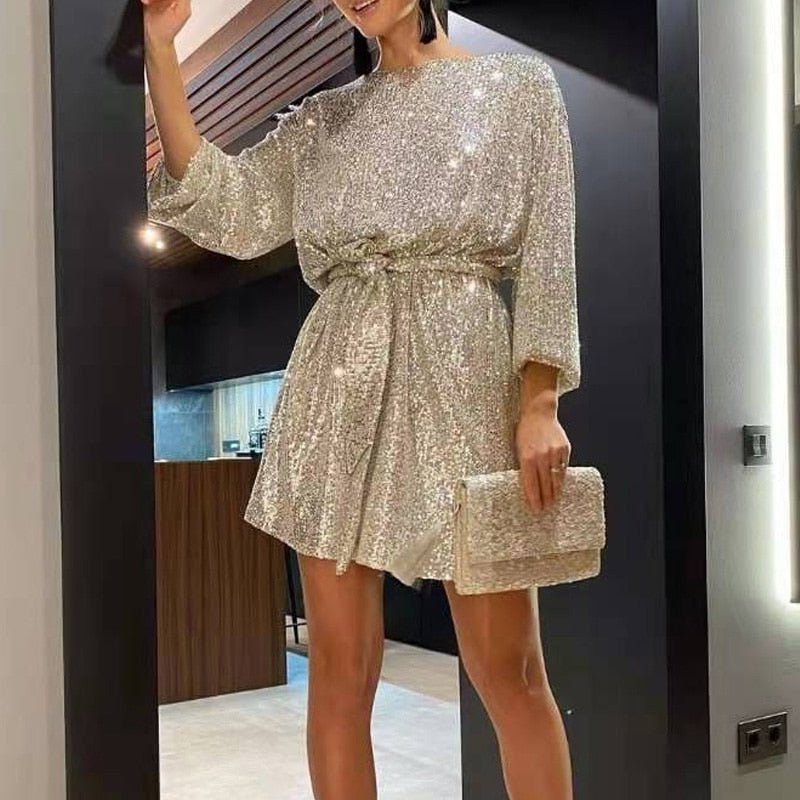 Robe Courte Pailletée Manches Courtes pour Femme