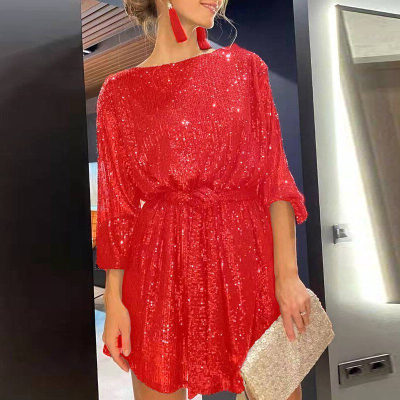 Robe Courte Pailletée Manches Courtes pour Femme