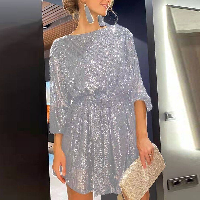 Robe Courte Pailletée Manches Courtes pour Femme