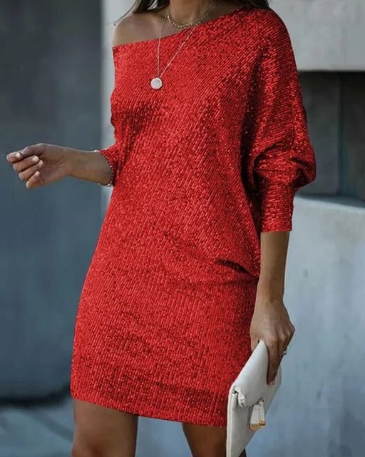 Robe Courte à Paillettes Épaules Dénudées pour Femme - Rouge