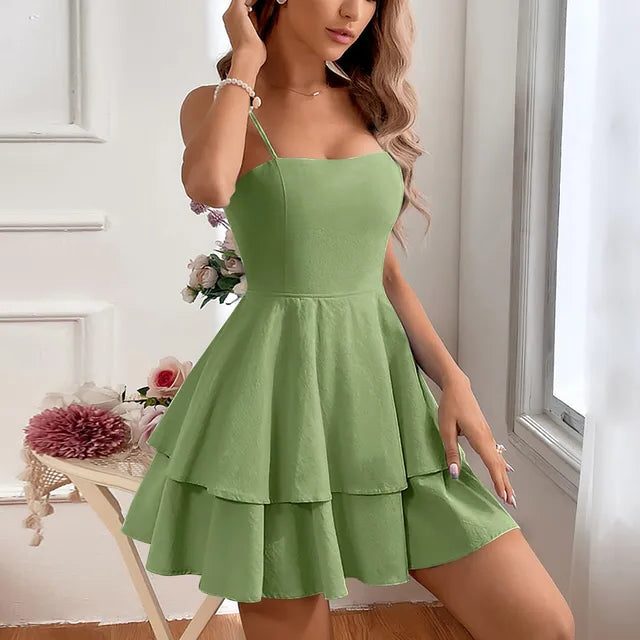 Robe de Cocktail Évasée avec Volants pour Femme - Vert clair
