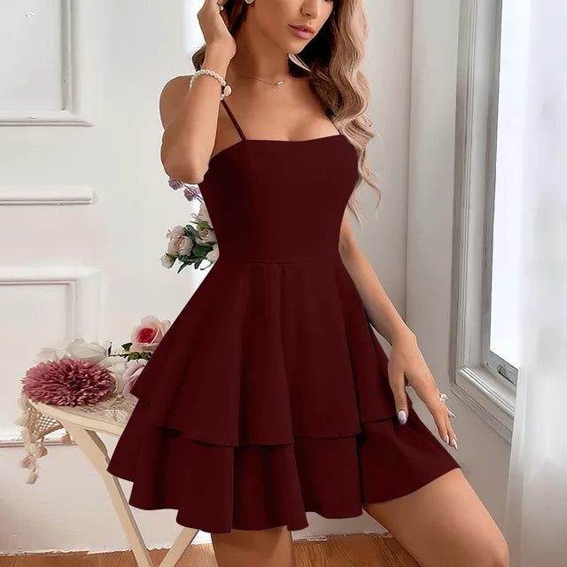 Robe de Cocktail Évasée avec Volants pour Femme - Rouge vin