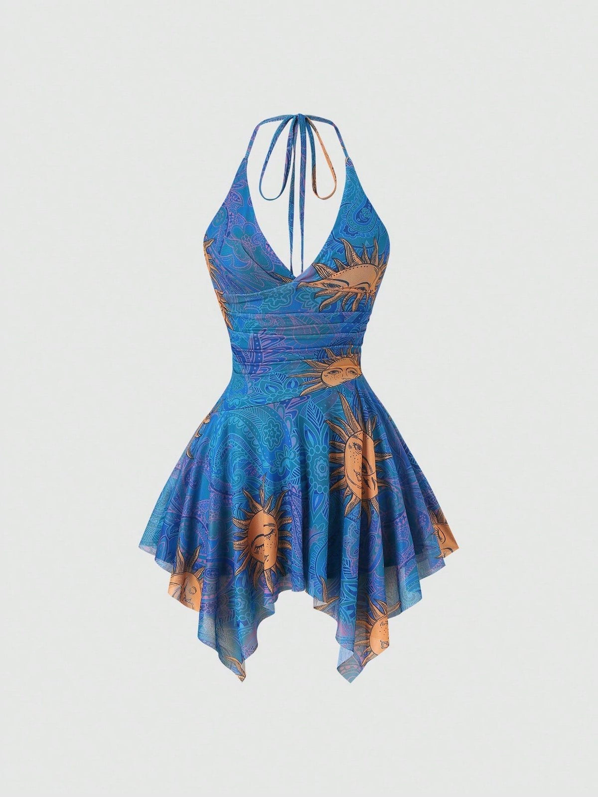 Robe D'Été Asymétrique Imprimée pour Femme - Bleu