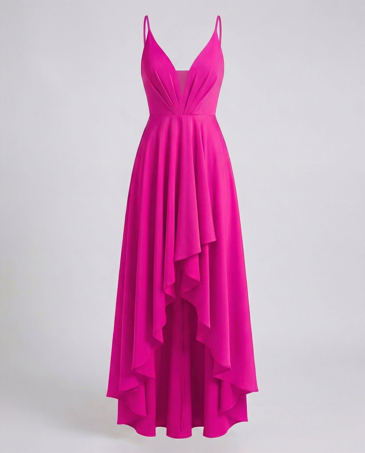 Robe Longue Asymétrique Col V Bretelles Fines pour Femme - Magenta