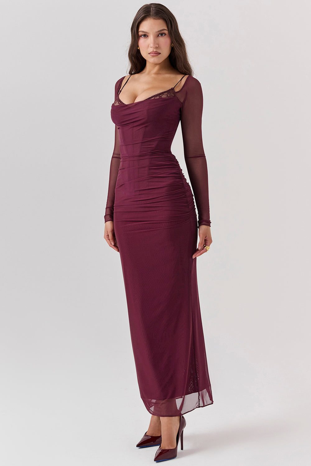 Robe Longue avec Manches Longues et Col V pour Femme - Rouge foncé
