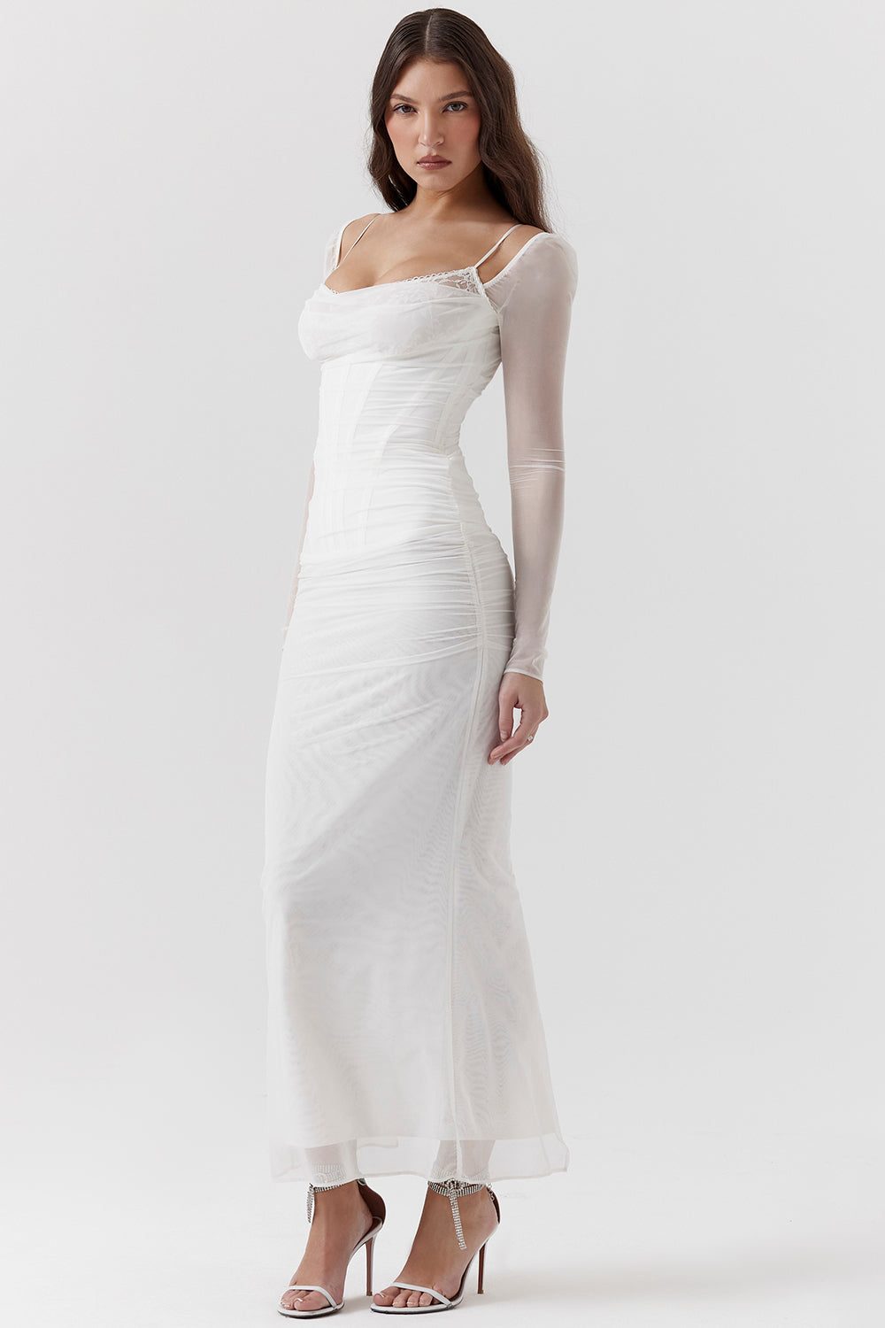 Robe Longue avec Manches Longues et Col V pour Femme - Blanc