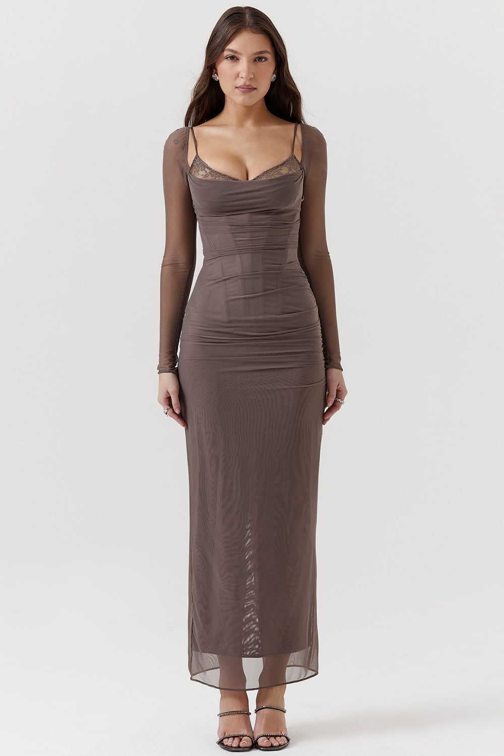 Robe Longue avec Manches Longues et Col V pour Femme - Gris