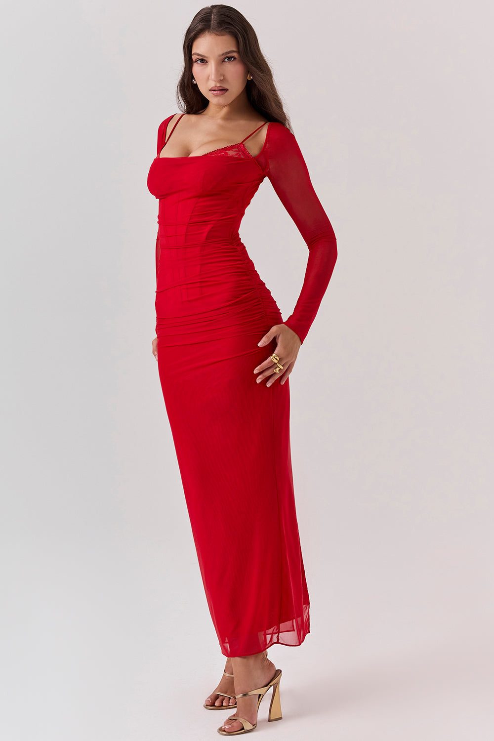 Robe Longue avec Manches Longues et Col V pour Femme - View 4